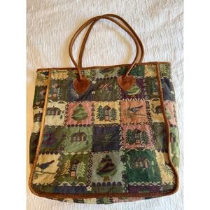 Vintage Tapestry Patchwork Tote Bag Cabin Pine Tree Woodland Nature Brown Trim